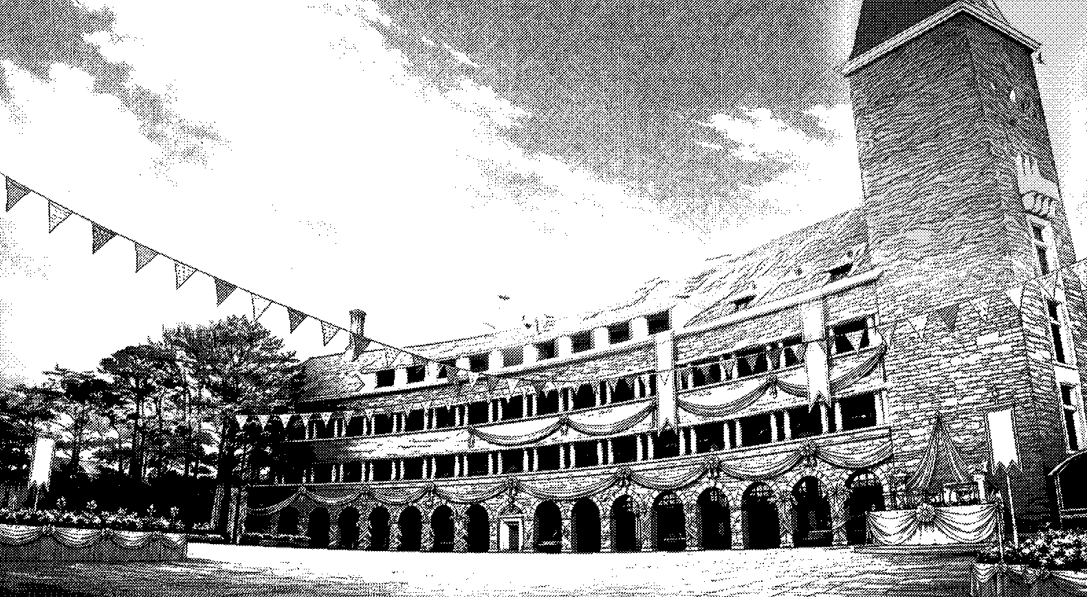 Khung cảnh hội trường trường học theo phong cách manga